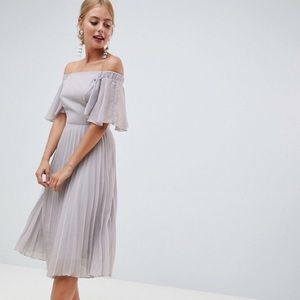 ASOS DESIGNS off shoulder pleated midi dress